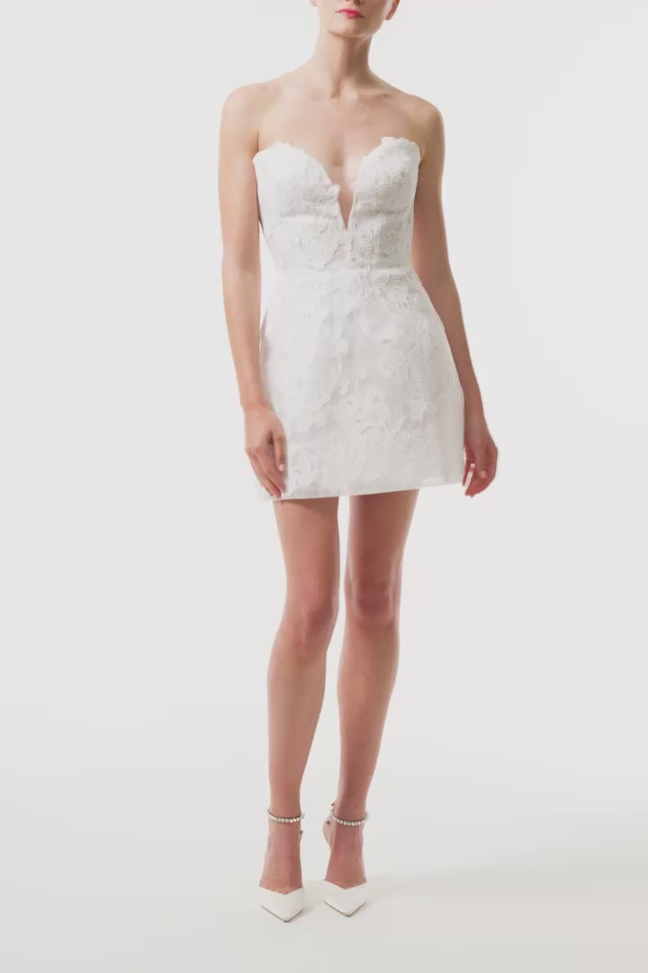 Strapless silk white lace mini dress with sweetheart neckline and illusion tulle inset - video.