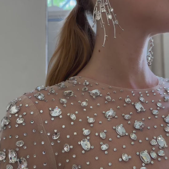 Monique Lhuillier Spring 2025 long sleeve tulle gown in cascading crystal embroidery - video on Instagram model.