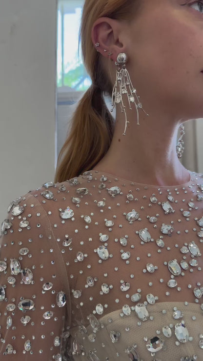 Monique Lhuillier Spring 2025 long sleeve tulle gown in cascading crystal embroidery - video on Instagram model.