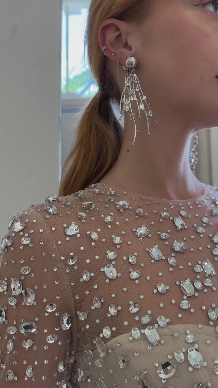 Monique Lhuillier Spring 2025 long sleeve tulle gown in cascading crystal embroidery - video on Instagram model.