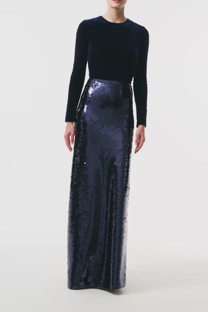 Monique Lhuillier Fall 2025 Ocean velvet and sequin long sleeve sheath - video.