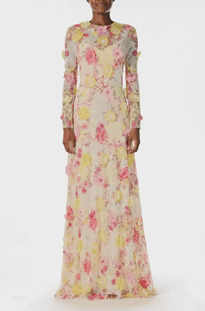 Monique Lhuillier Spring 2025 long sleeve gown in floral, embroidered lace in ecru yellow and pinks - video.