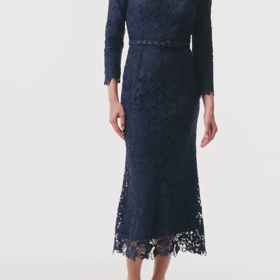 Monique Lhuillier Fall 2025 Long Sleeve Lace Midi Dress in Ocean Orchid Lace with belt - video.