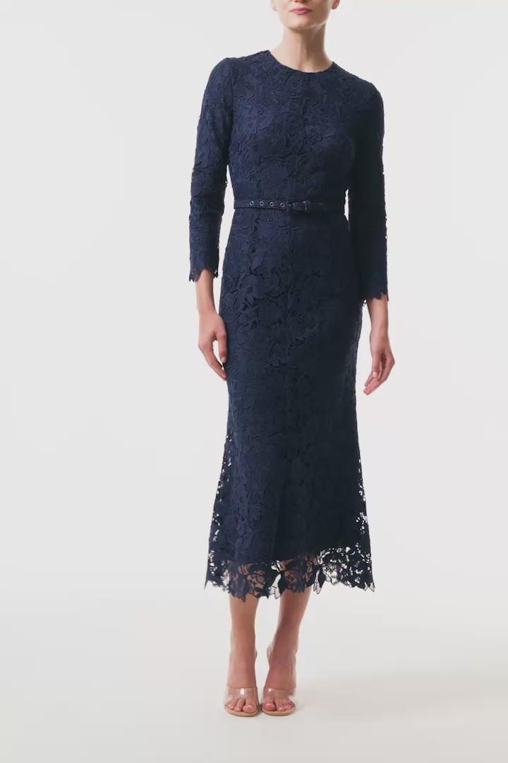 Monique Lhuillier Fall 2025 Long Sleeve Lace Midi Dress in Ocean Orchid Lace with belt - video.