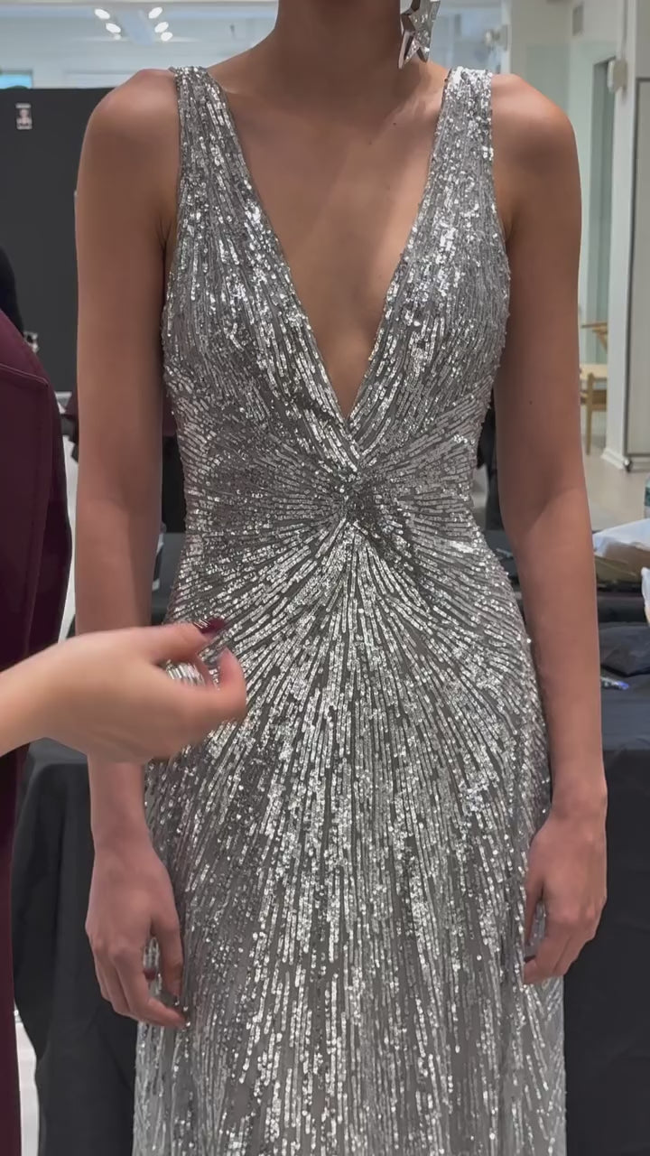 Monique Lhuillier Fall 2025 V-neck gown in silver embroidered tulle - Instagram video.