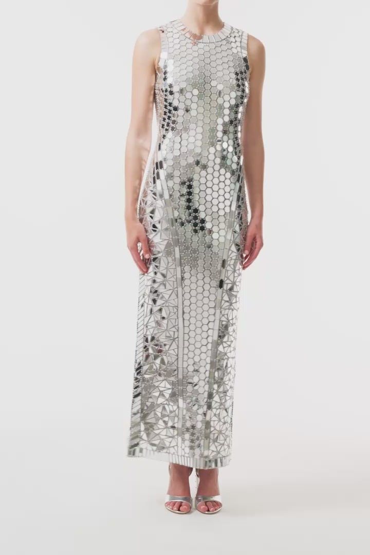 Monique Lhuillier Fall 2025 sleeveless, midi-length shift dress in silver mirrored embroidery - video.