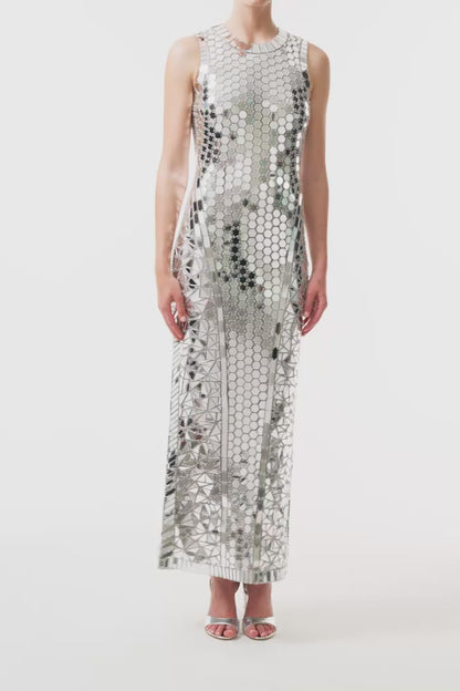 Monique Lhuillier Fall 2025 sleeveless, midi-length shift dress in silver mirrored embroidery - video.