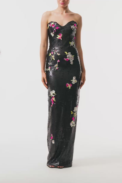 Monique Lhuillier Fall 2025 Noir/Multi Floral embroidered matte sequin strapless column gown - video.