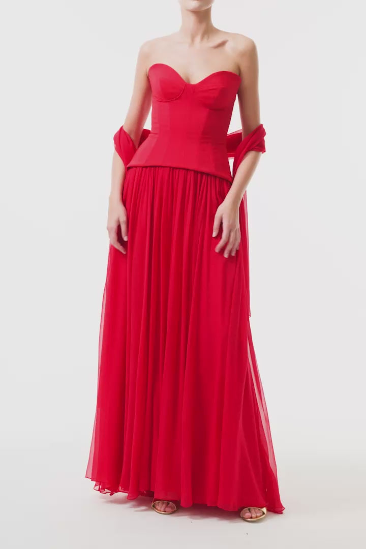 Monique Lhuiller Fall 2025 Vermilion crepe and chiffon Dropped waist corset
gown - video.