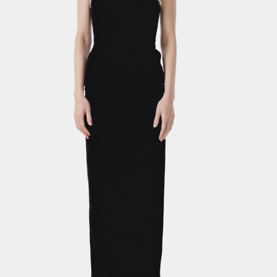 Monique Lhuillier black velvet strapless column dress with crystal embroidery at neckline.