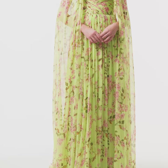Monique Lhuillier Fall 2025 Celedon/Multi Wisteria Printed chiffon Floor Length Cape - video.