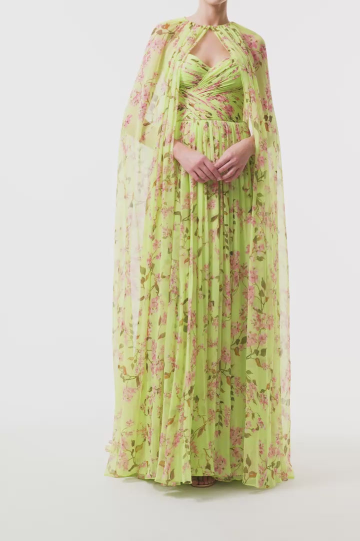 Monique Lhuillier Fall 2025 Celedon/Multi Wisteria Printed chiffon Floor Length Cape - video.