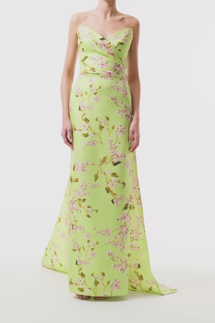 Monique Lhuillier Fall 2025  Draped Bodice Column Gown with Train in Celedon/Multi Wisteria Printed Gazar - video. 