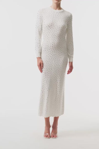 Monique Lhuillier Fall 2025 Ivory/silver Long sleeve cotton hotfix knit dress- video.