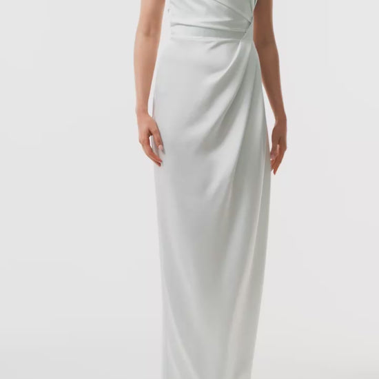 Monique Lhuillier Fall 2025 Mist draped strapless column gown in crepe back satin -video.