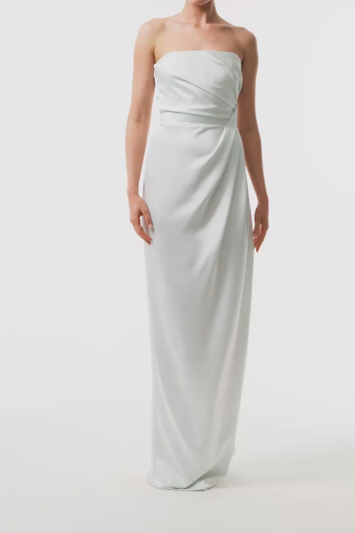 Monique Lhuillier Fall 2025 Mist draped strapless column gown in crepe back satin -video.