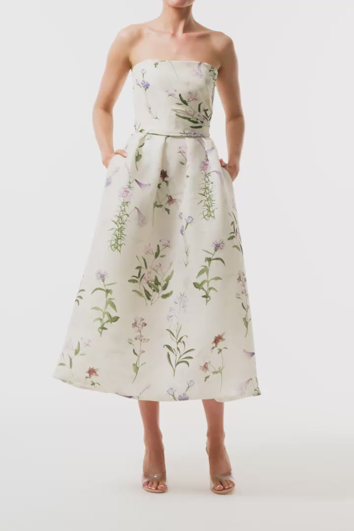 Monique Lhuillier Fall 2025 strapless dress with pleated waistline in floral printed gazar fabric - video.