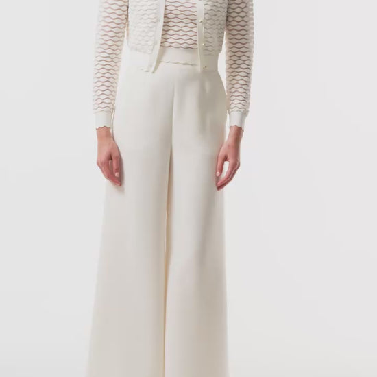 Monique Lhuillier Fall 2025 Ivory Viscose scallop knit sleeveless shell with matching cardigan- video.