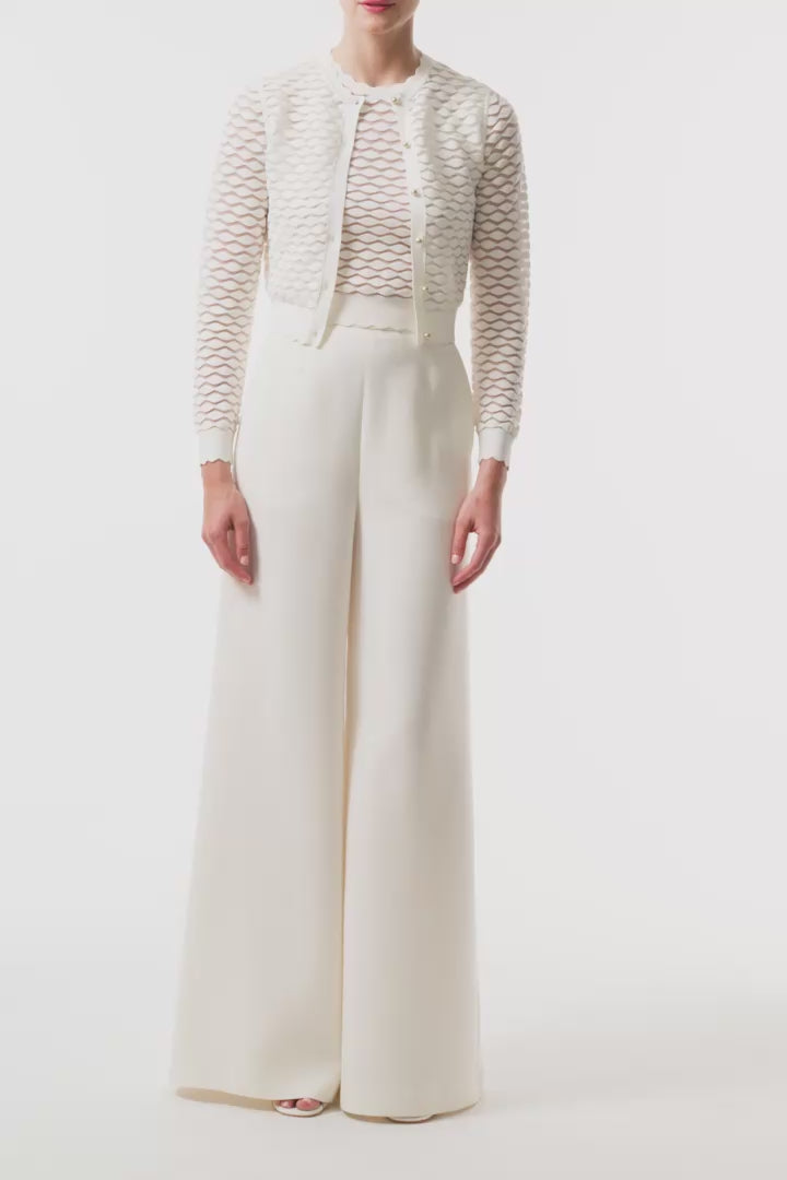 Monique Lhuillier Fall 2025 Ivory Viscose scallop knit sleeveless shell with matching cardigan- video.