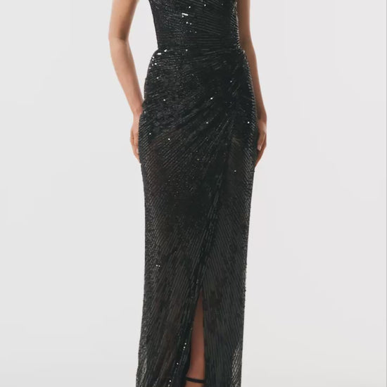 Monique Lhuillier Fall 2025 Noir embroidered tulle Strapless draped column gown with high slit - video.