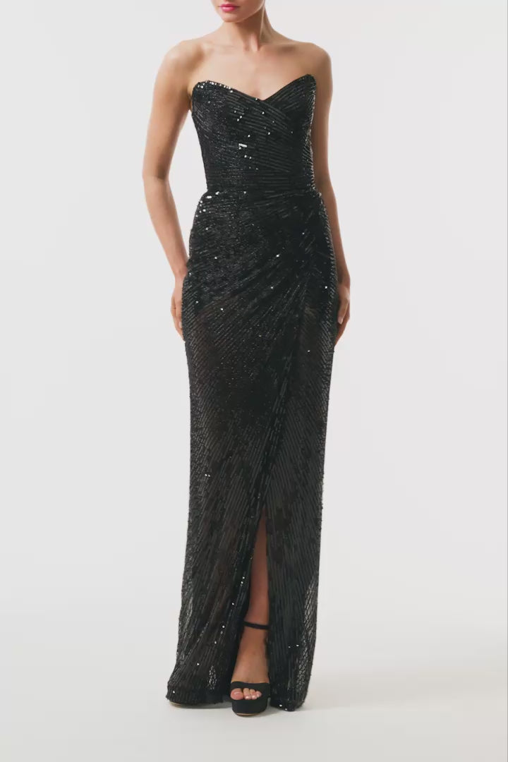 Monique Lhuillier Fall 2025 Noir embroidered tulle Strapless draped column gown with high slit - video.