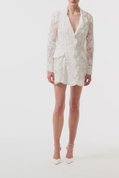 Monique Lhuillier "Claude" dress - long sleeve lace mini dress with v-neck and collar in silk white reembroidered lace - video.