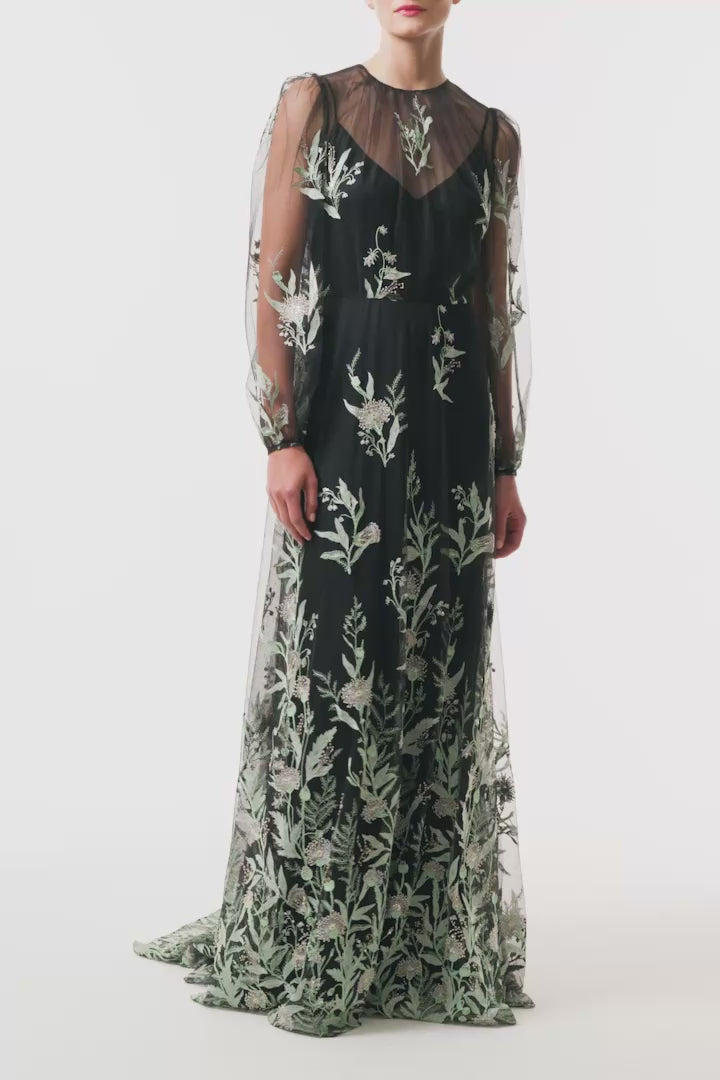 Monique Lhuillier Fall 2025 long sleeve gown with detached slip in noir & mist embroidered tulle - video.