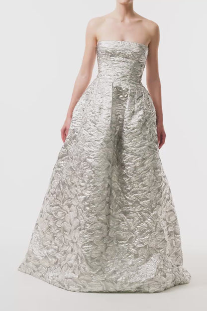 Monique Lhuillier Fall 2025 strapless ballgown in silver metallic jacquard - video.