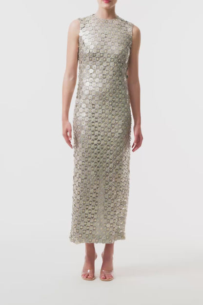 Monique Lhuillier Fall 2025 Sleeveless, tea-length shift dress in silver & gold disc embroidery - video.