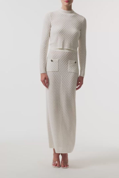 Monique Lhuillier Fall 2025 cotton diamond lace knit long sleeve top and midi skirt- video.
