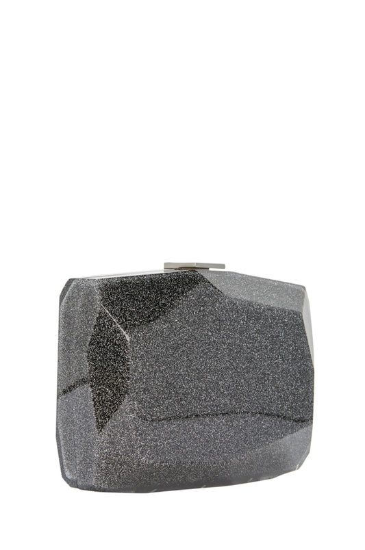 Lucite faceted minaudière with silver metal clasp at top in Noir confetti glitter- side