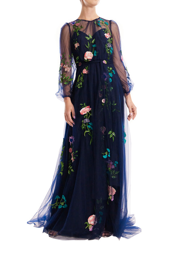 Navy Jewel Neck Puff Sleeve Embroidered Tulle Gown