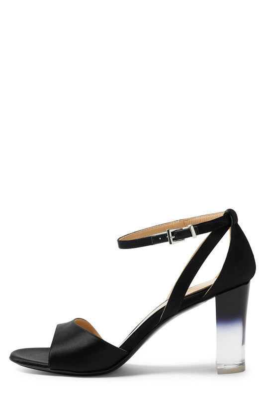 Black satin sandal with adjustable ankle strap and 80mm ombre lucite heel.