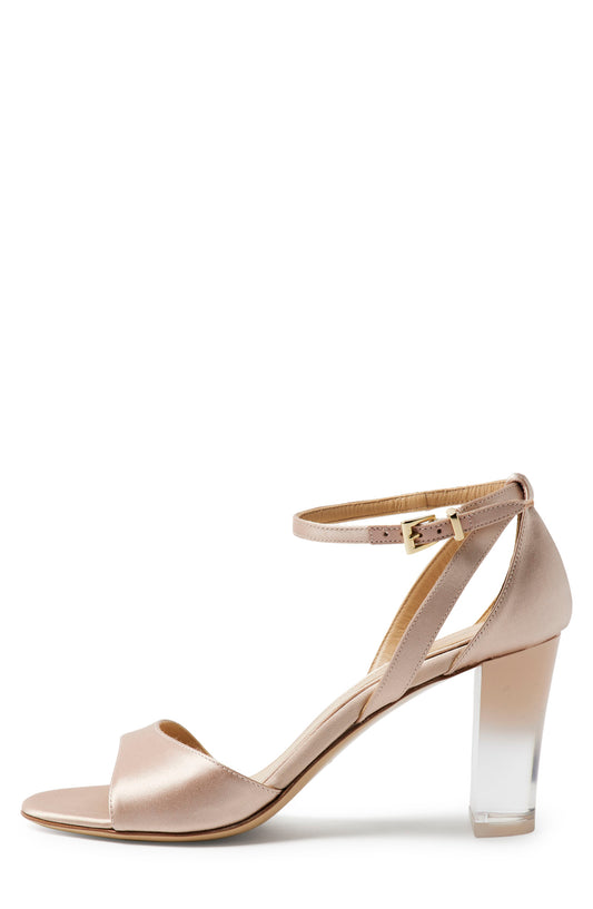 Blush satin sandal with adjustable ankle strap and 80mm ombre lucite heel.