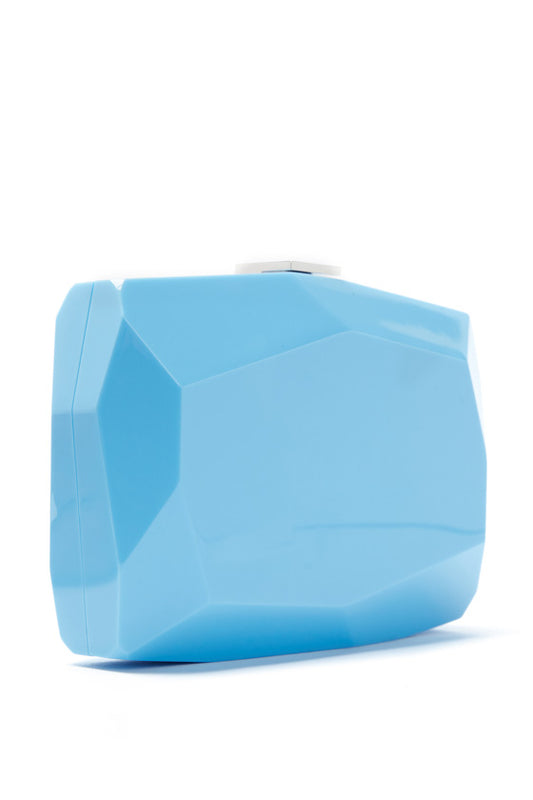 Lucite faceted minaudière with metal clasp at top in Sky Blue- side