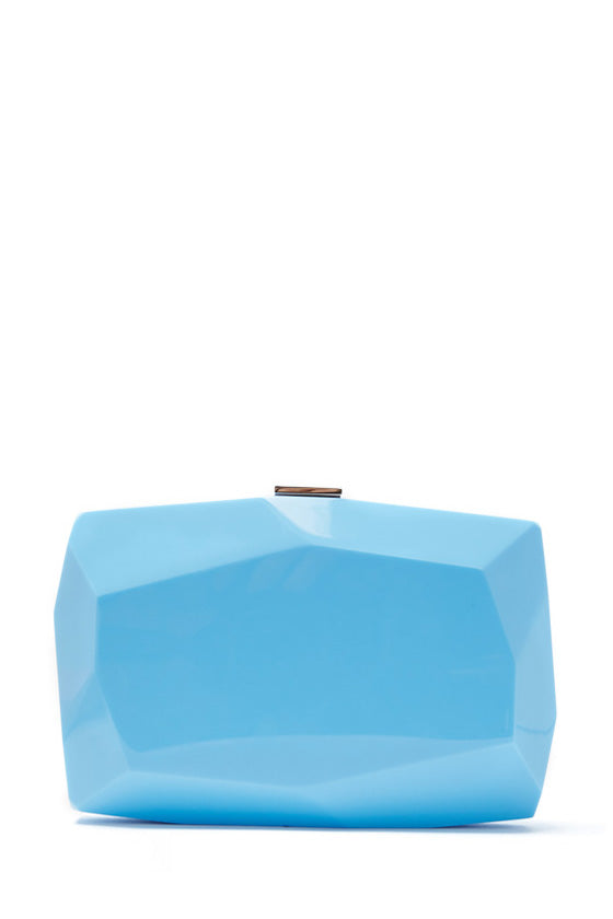 Lucite faceted minaudière with metal clasp at top in Sky Blue- front